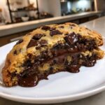Close-up of a thick levain bakery chocolate chip cookies half, showing gooey, melted chocolate oozing out.