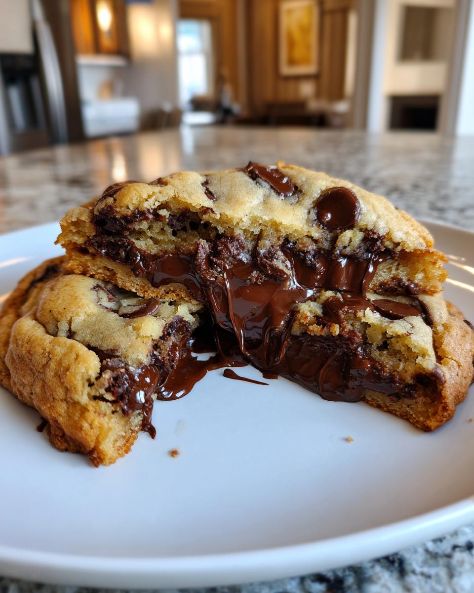 A thick levain bakery chocolate chip cookie broken in half showing molten, gooey chocolate center.