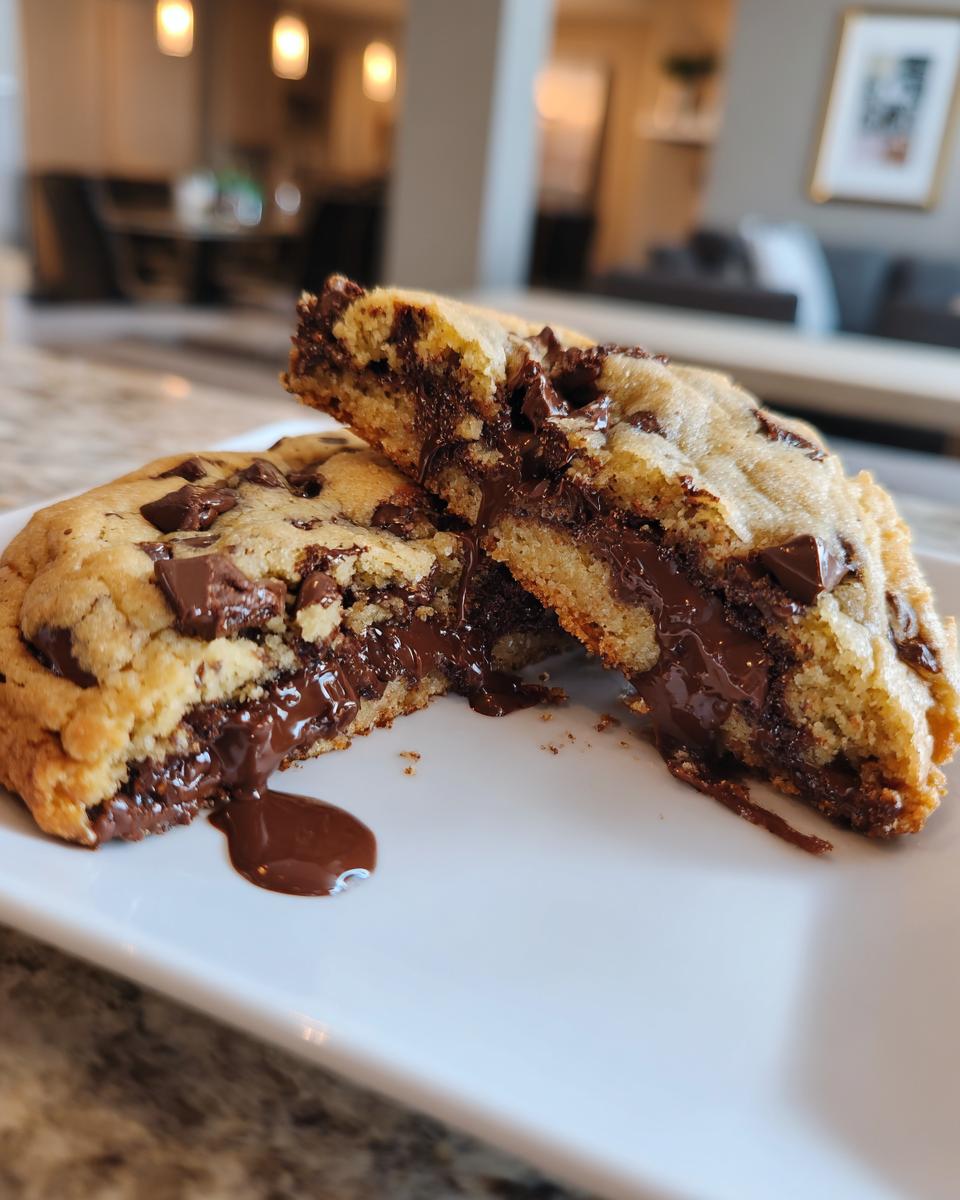 A thick levain bakery chocolate chip cookie cut in half showing a gooey, melted chocolate center.