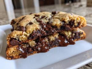Close-up of two halves of a thick levain bakery chocolate chip cookies stacked, revealing gooey, melted chocolate.