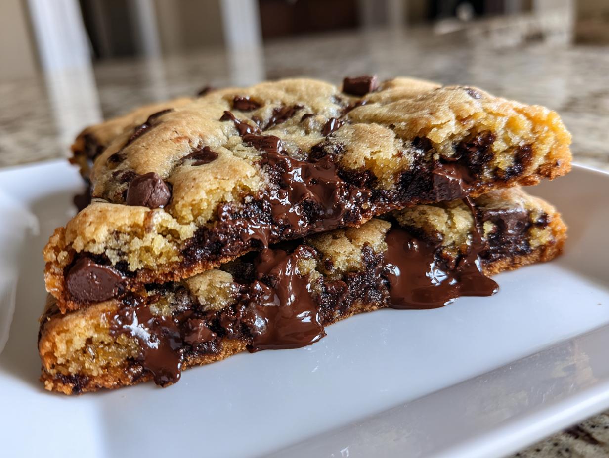 Close-up of two halves of a thick levain bakery chocolate chip cookies stacked, revealing gooey, melted chocolate.
