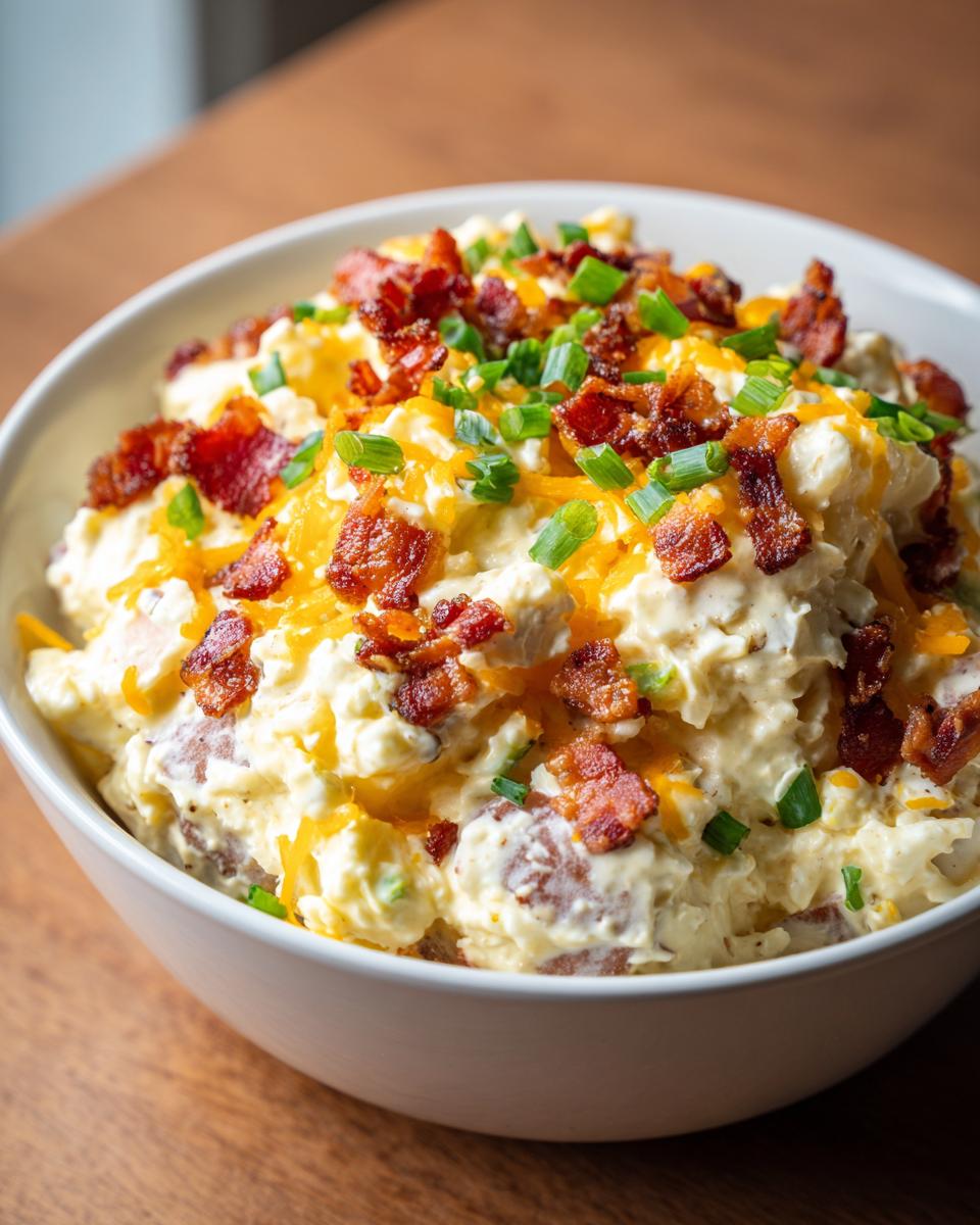 A creamy, loaded baked potato salad topped with bacon bits, shredded cheddar cheese, and chives in a white bowl.