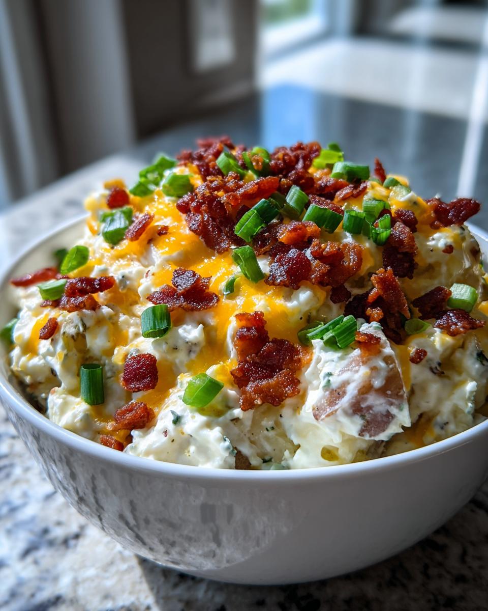 A generous serving of creamy baked potato salad topped with melted cheddar cheese, crispy bacon bits, and fresh green onions.