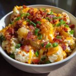 Close-up of loaded baked potato salad topped with cheese, bacon bits, and green onions in a white bowl.