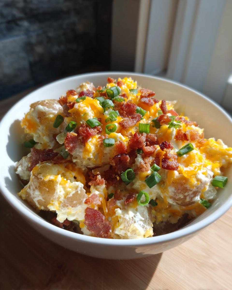 A close-up of loaded baked potato salad topped with bacon bits, shredded cheddar cheese, and green onions.