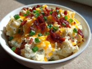 Close-up of loaded baked potato salad topped with melted cheddar cheese, bacon bits, and chives in a white bowl.