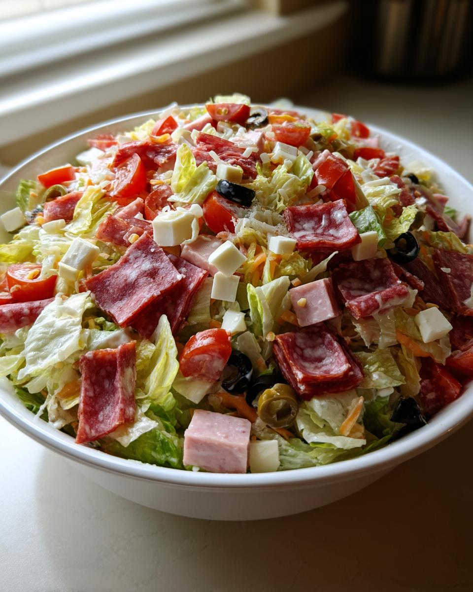 A large white bowl overflowing with a colorful grinder salad featuring chopped lettuce, salami, ham cubes, cheese cubes, tomatoes, and olives.