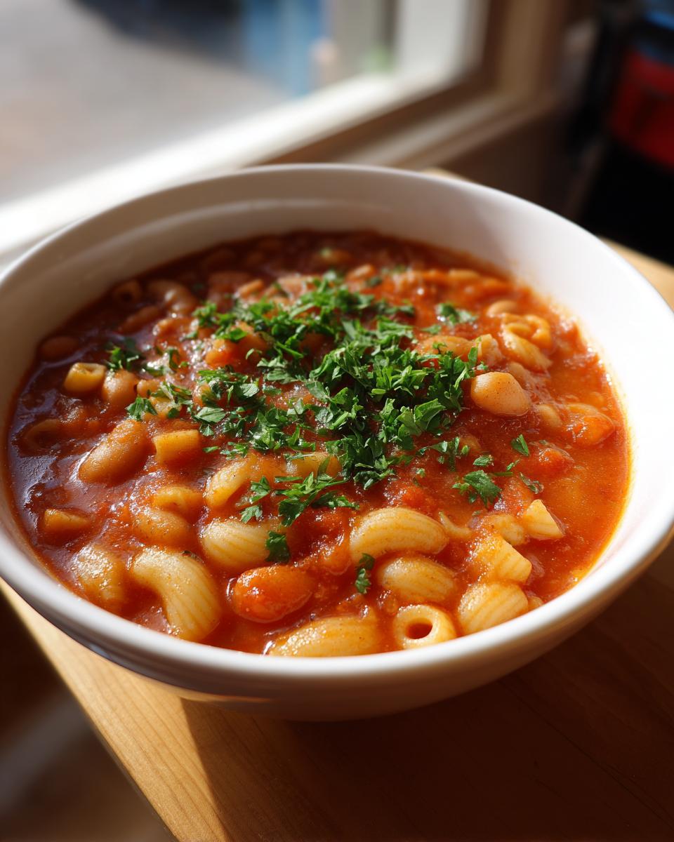 A close-up of a white bowl filled with rich, tomato-based pasta e fagioli, garnished with fresh parsley.
