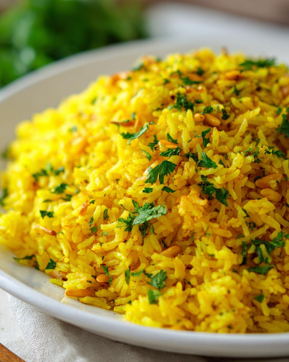 Close-up of fluffy, yellow mediterranean rice garnished with chopped parsley and toasted pine nuts.