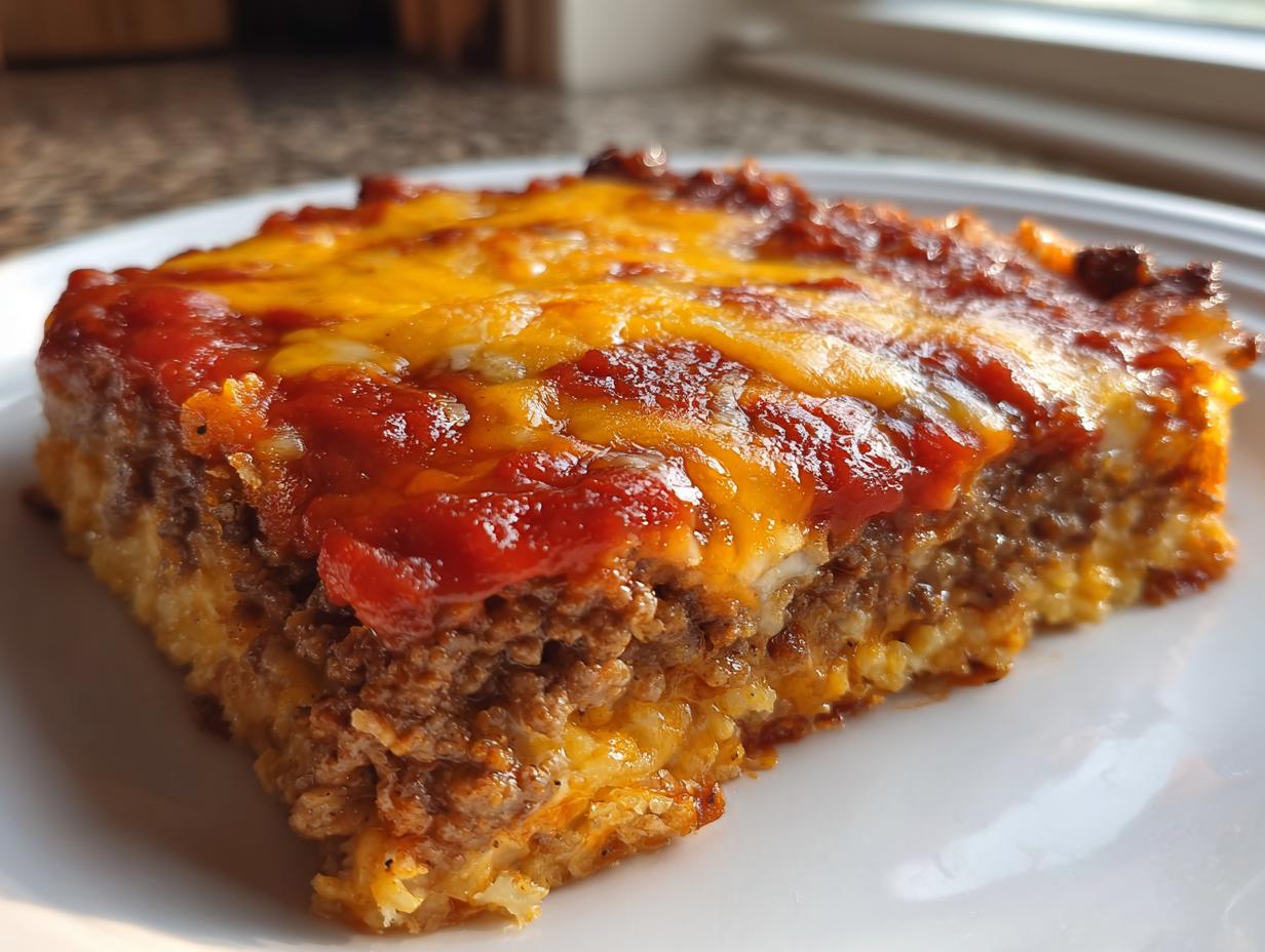 A thick slice of Mexican pizza casserole featuring a base layer, seasoned ground beef, red sauce, and melted cheddar cheese topping.
