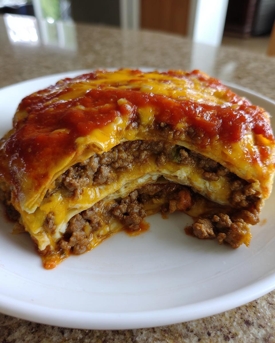 A cross-section view of a layered Mexican pizza slice showing seasoned ground beef, cheese, and red sauce topping.