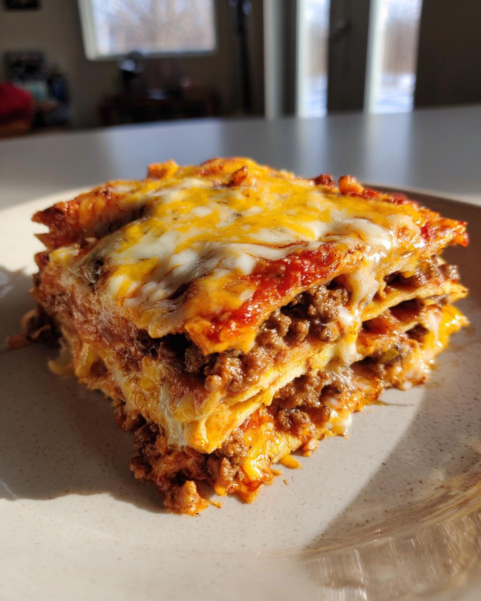 Close-up of a layered slice of Mexican pizza featuring seasoned ground beef and melted cheddar and Monterey Jack cheese.