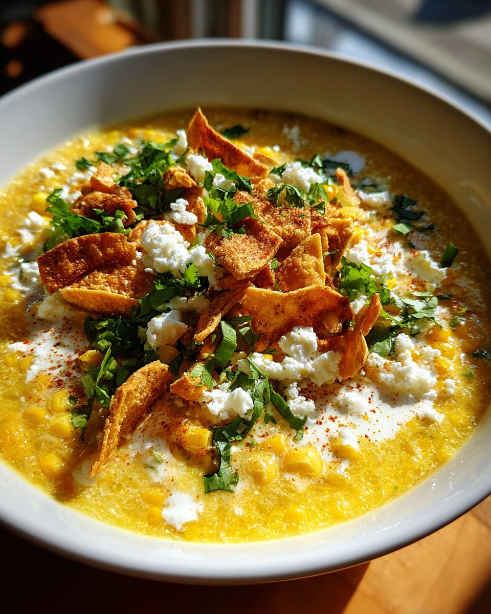 A close-up of a bowl of vibrant yellow mexican street corn soup, topped with cotija cheese, cilantro, and tortilla strips.