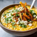 Close-up of a bowl of rich, yellow mexican street corn soup topped with crumbled cheese, cilantro, and tortilla strips.