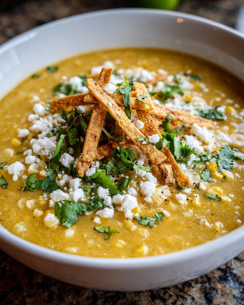 Close-up of a rich, yellow Mexican street corn soup topped with cotija cheese, cilantro, and crispy tortilla strips.