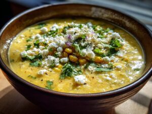 Close-up of a rich, yellow Mexican street corn soup topped generously with crumbled white cheese and fresh cilantro.