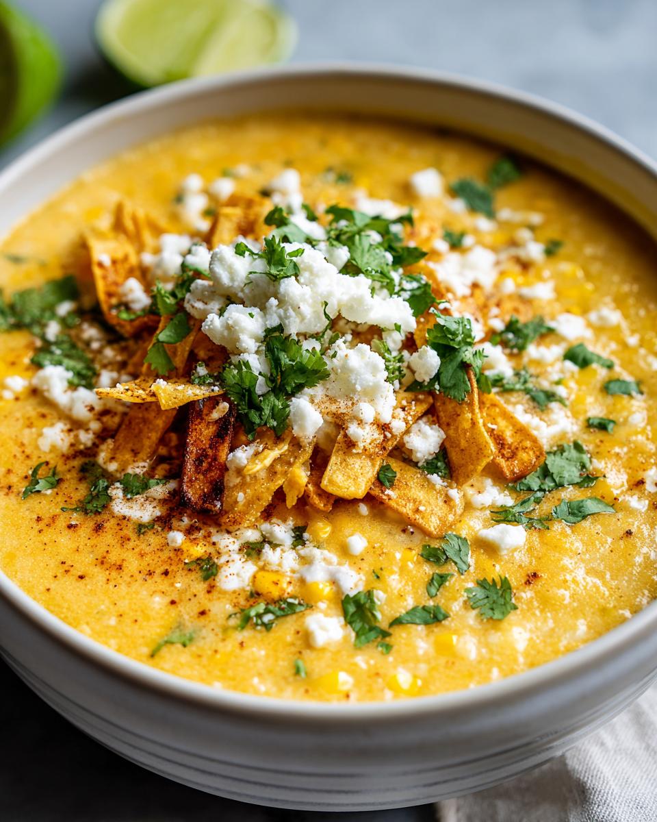 Close-up of a rich, yellow Mexican street corn soup garnished with crumbled cotija cheese, cilantro, and tortilla strips.