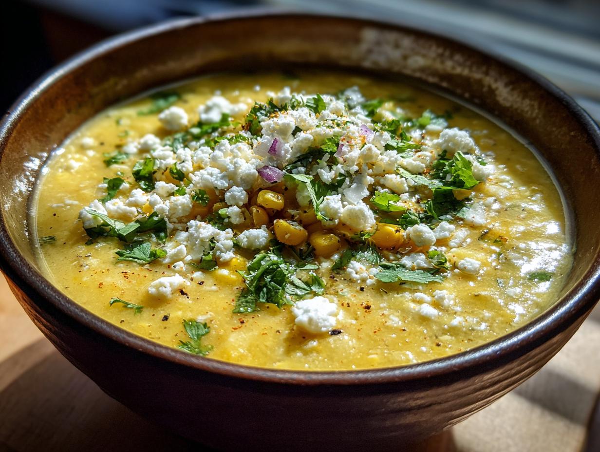 Close-up of a rich, yellow Mexican street corn soup topped generously with crumbled white cheese and fresh cilantro.