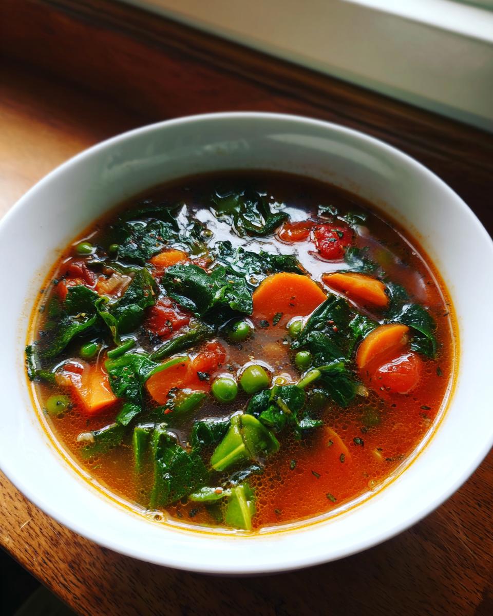 Close-up of a white bowl filled with rich, tomato-based minestrone soup featuring carrots, spinach, and peas.