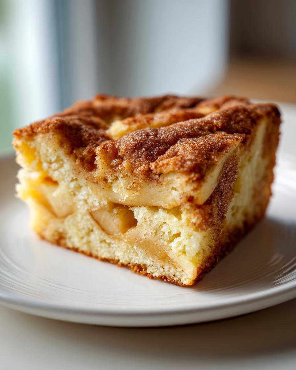 Close-up of a moist slice of apple cake with visible chunks of apple and a cinnamon sugar topping.