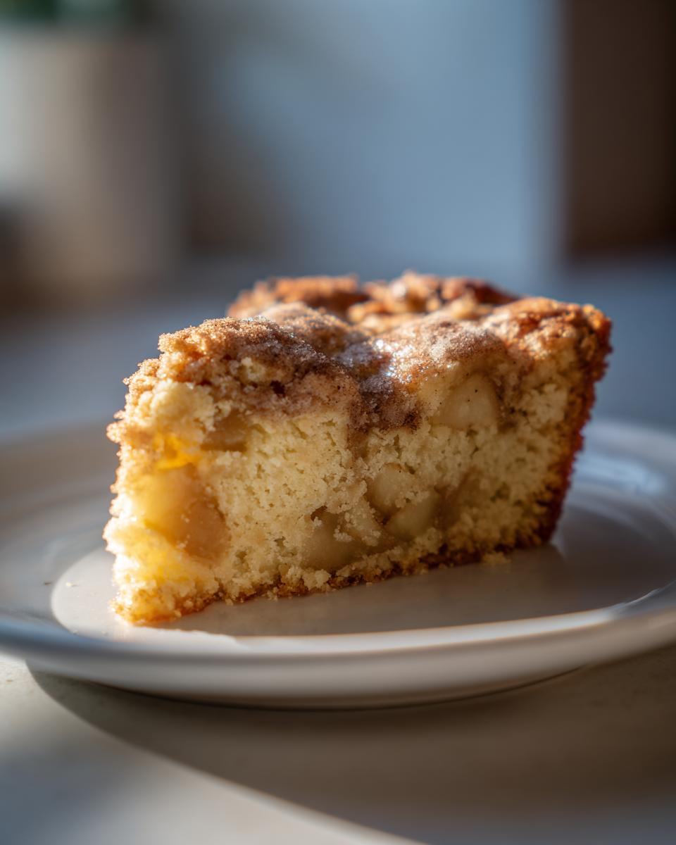 Close-up of a moist slice of apple cake featuring visible apple chunks and a cinnamon sugar crumb topping.