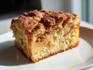 Close-up of a moist slice of apple cake featuring visible apple chunks and a rich cinnamon-sugar topping.