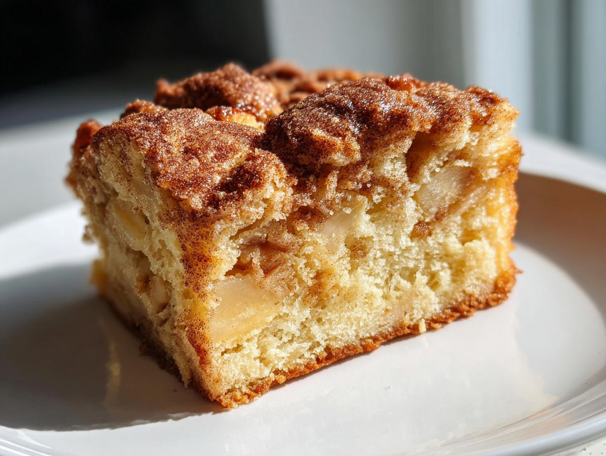 Close-up of a moist slice of apple cake featuring visible apple chunks and a rich cinnamon-sugar topping.