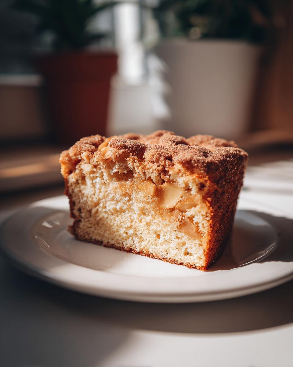 A moist slice of apple cake with visible apple chunks and a cinnamon streusel topping, served on a white plate.