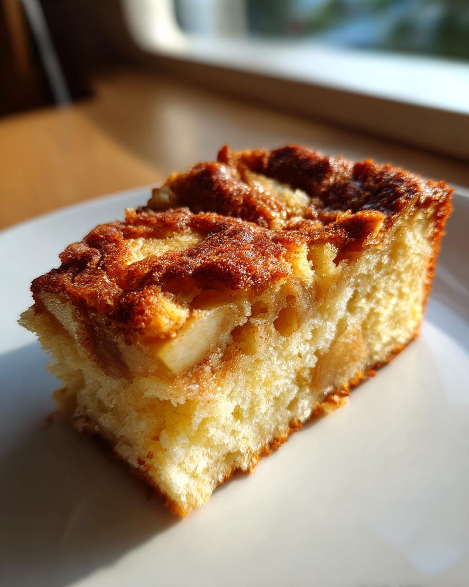 Close-up of a moist slice of homemade apple cake with a golden, cinnamon-sugar top, sitting on a white plate.