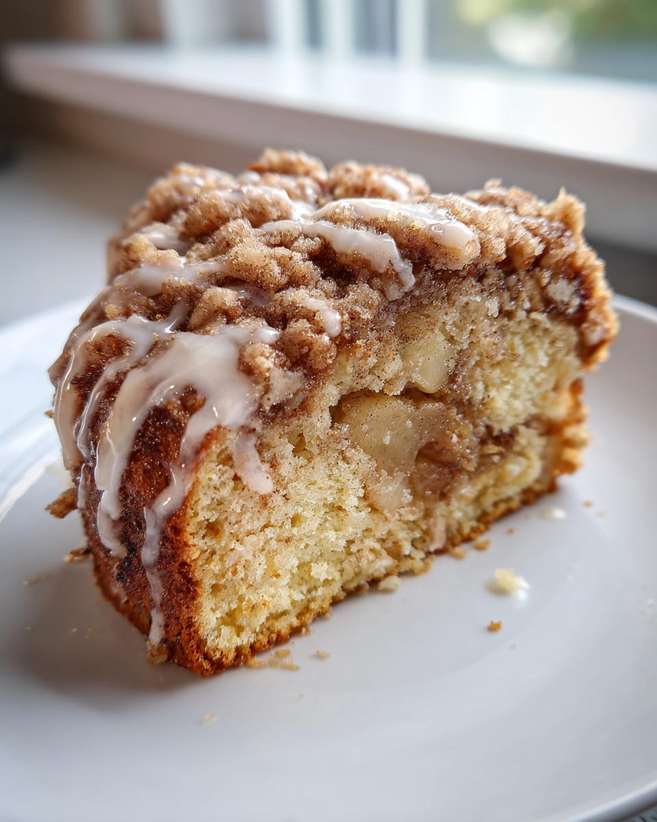 Close-up of a moist slice of apple crumb cake topped with cinnamon streusel and vanilla glaze.
