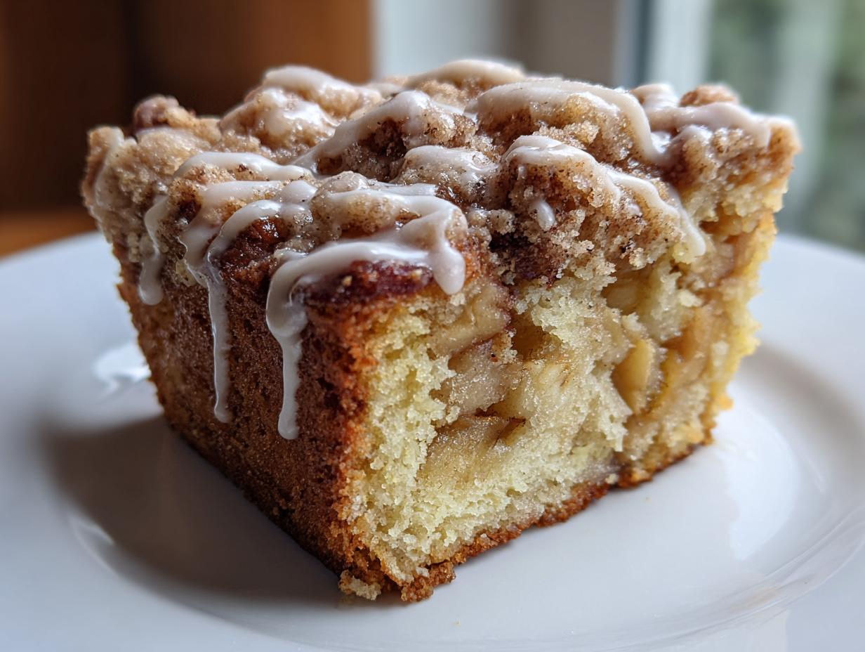 Close-up of a moist slice of apple crumb cake topped with cinnamon streusel and a white vanilla glaze drizzle.