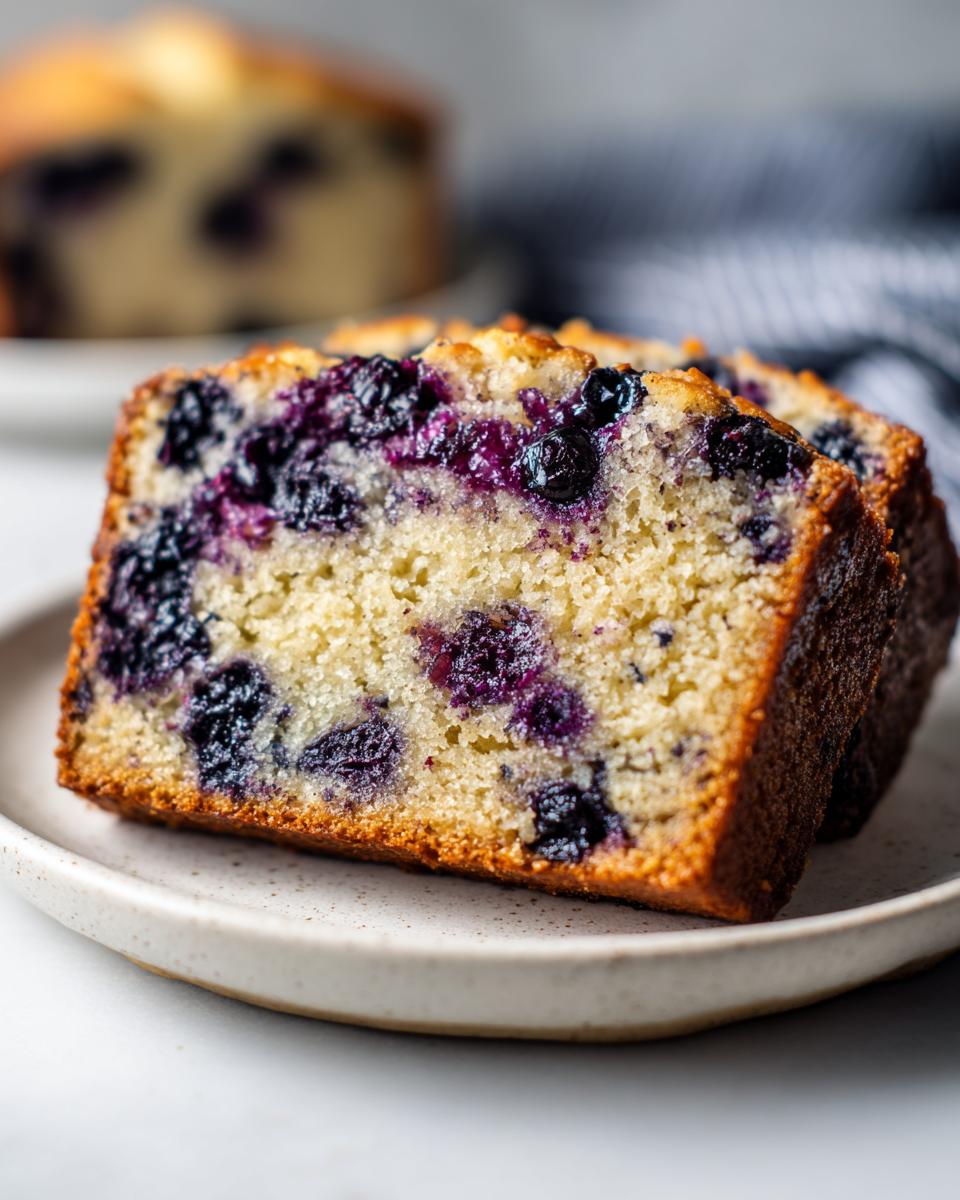 Close-up of two moist slices of blueberry banana bread showing rich purple berries baked into the yellow crumb.