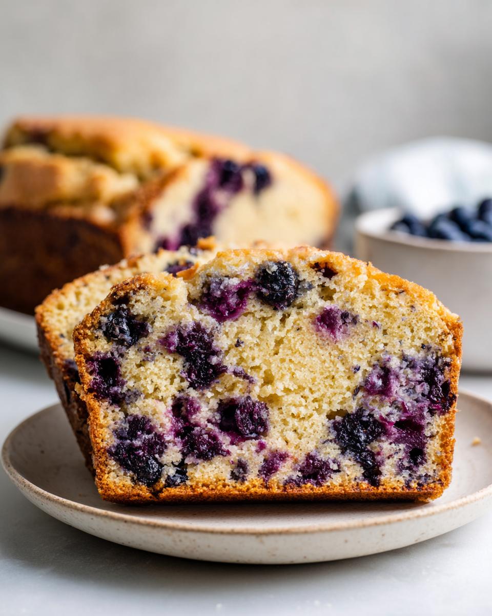 Close-up of two moist slices of blueberry banana bread showing abundant blueberries in the yellow crumb.