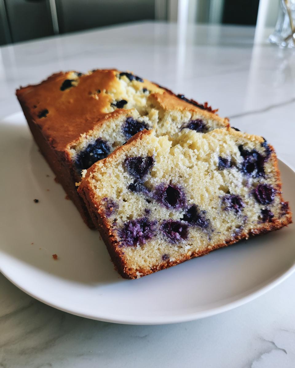 Close-up of two slices of moist blueberry banana bread showing visible blueberries in the crumb, served on a white plate.