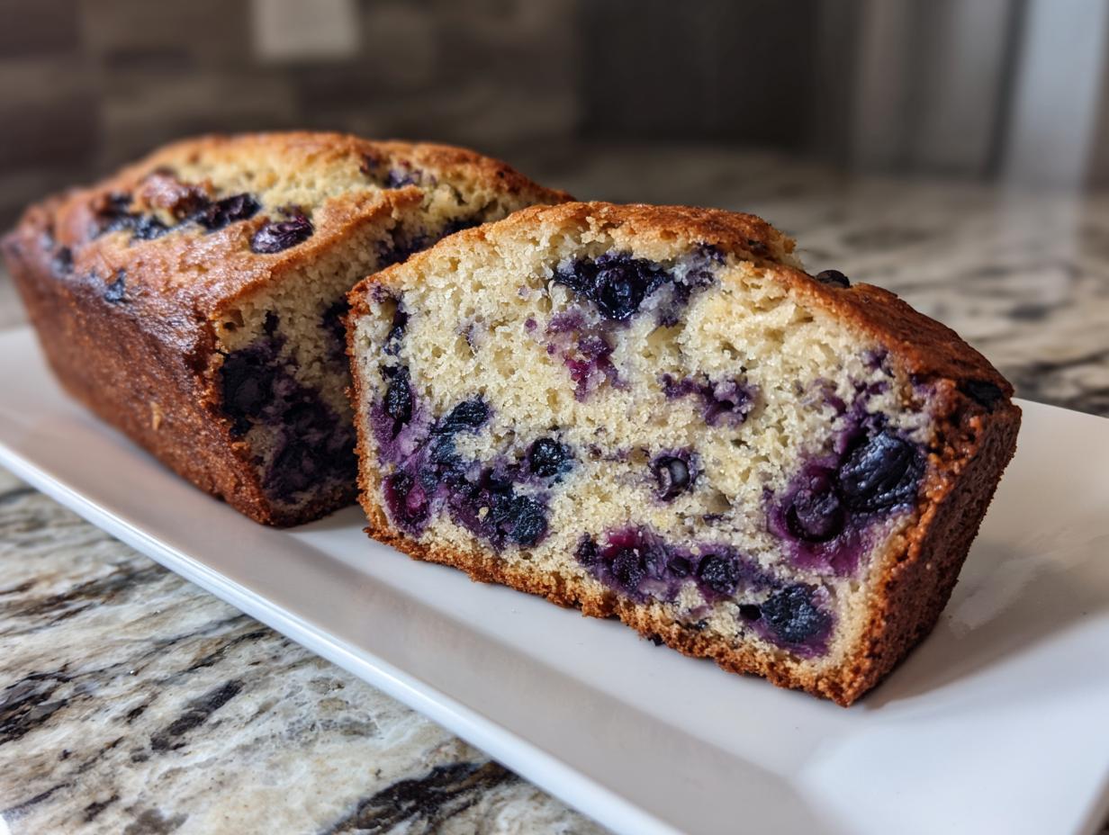 Close-up of moist blueberry banana bread sliced open, showing rich purple blueberries throughout the crumb.