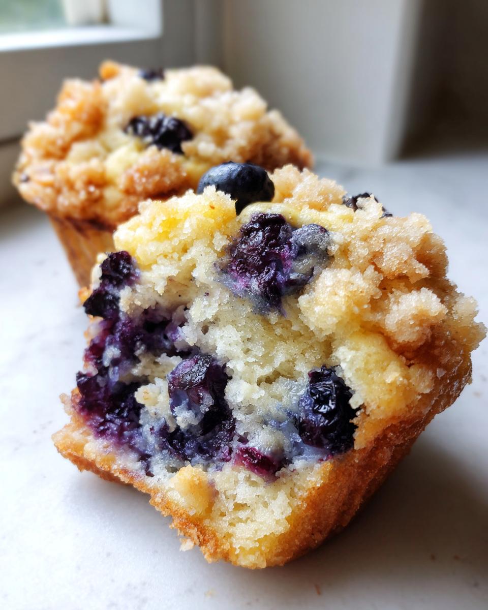 A close-up view of a halved blueberry muffin showing its moist interior packed with berries and topped with crunchy streusel.