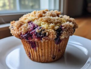 Close-up of a moist blueberry muffin featuring a generous, sugary crumb topping and visible bursts of dark blueberries.