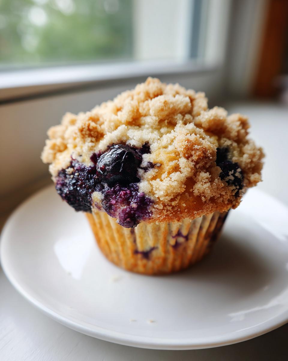A single, moist blueberry muffin topped with golden streusel sits on a white plate near a window.