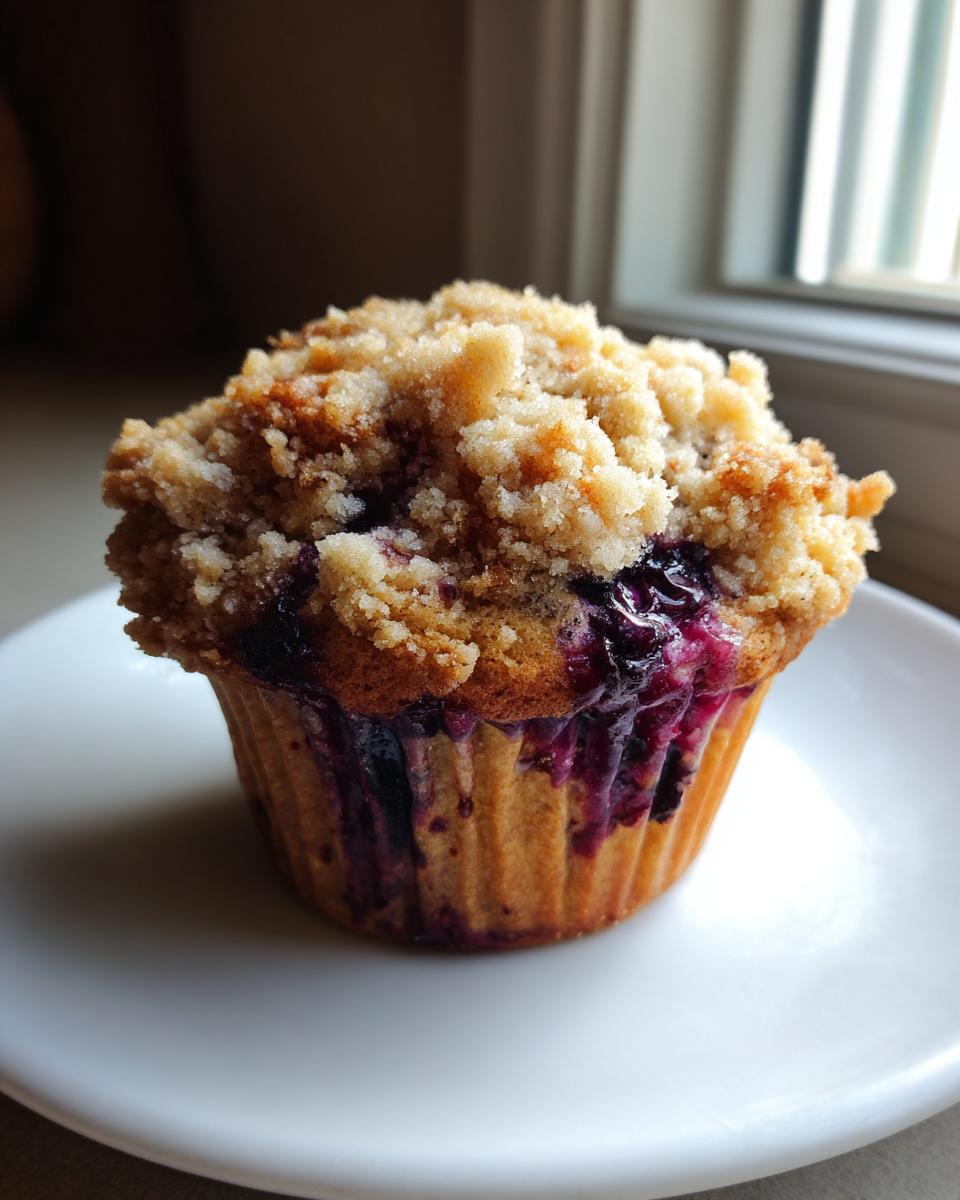 A single, moist blueberry muffin topped with a thick, golden crumb topping, sitting on a white plate.