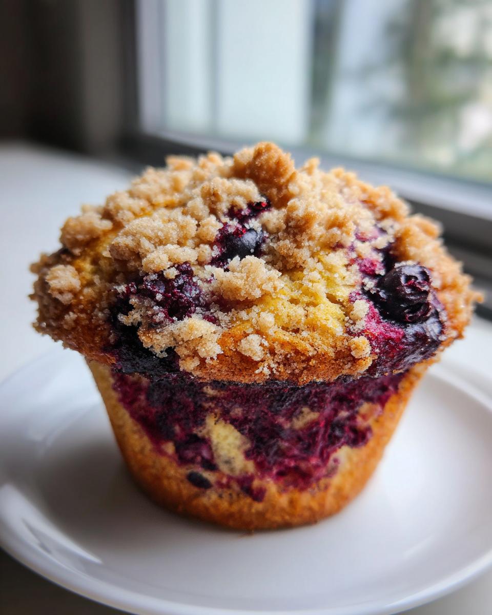 A close-up of a moist blueberry muffin featuring a generous crumb topping and deep purple blueberry filling.