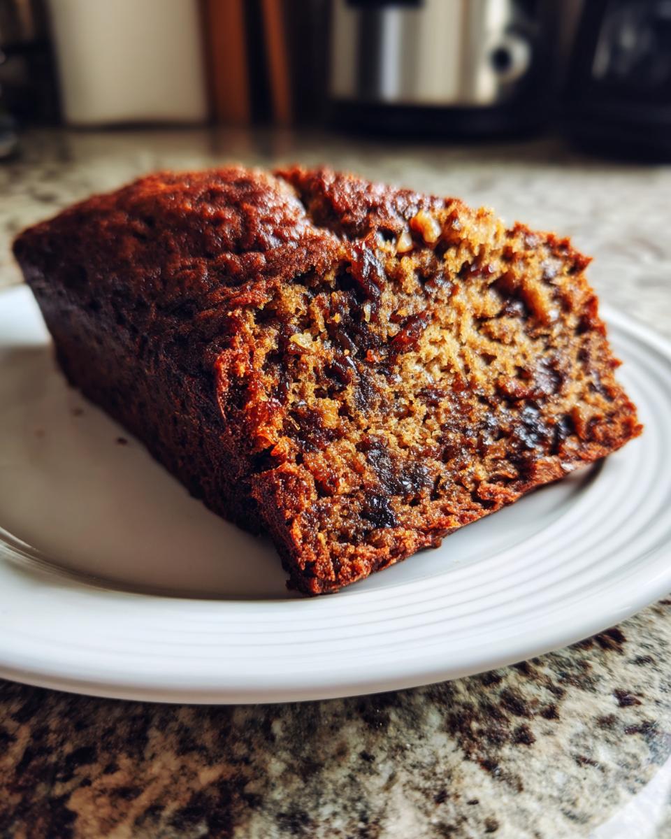A thick slice of moist date nut bread showing rich texture and dark chunks of dates.