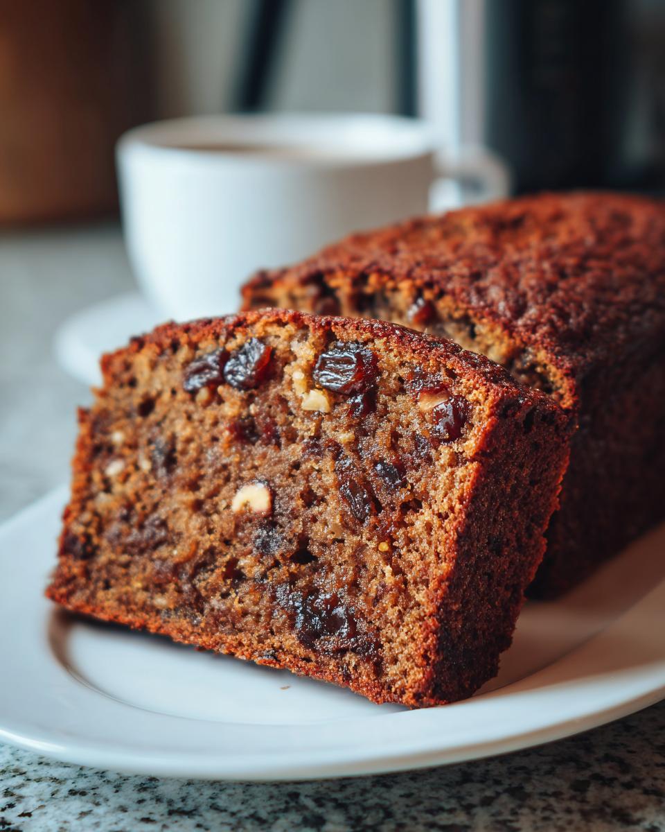 Close-up of a moist slice of date nut bread showing visible dates and nuts, served with a cup of coffee in the background.