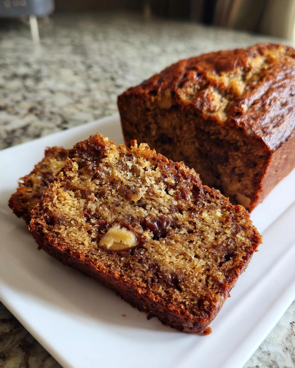 Close-up of moist date nut bread loaf with two slices showing nuts and rich texture.