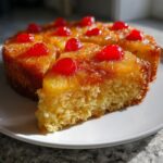 A slice of moist pineapple upside down cake topped with caramelized pineapple rings and maraschino cherries.