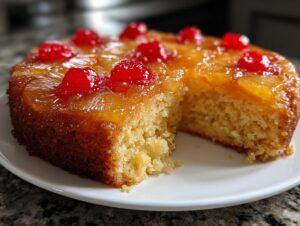A moist pineapple upside down cake with caramelized pineapple rings and bright red maraschino cherries, a slice removed.