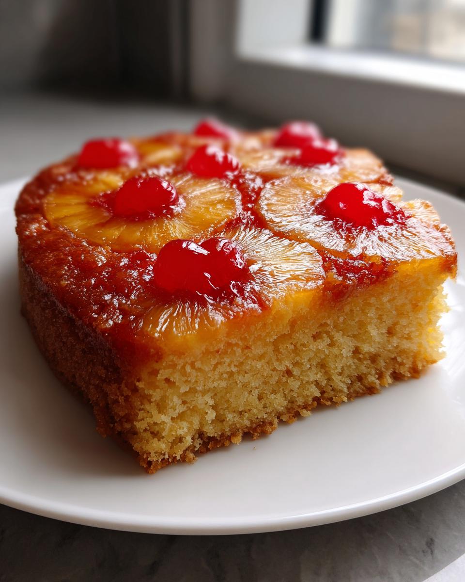 A close-up slice of moist pineapple upside down cake topped with caramelized pineapple rings and maraschino cherries.