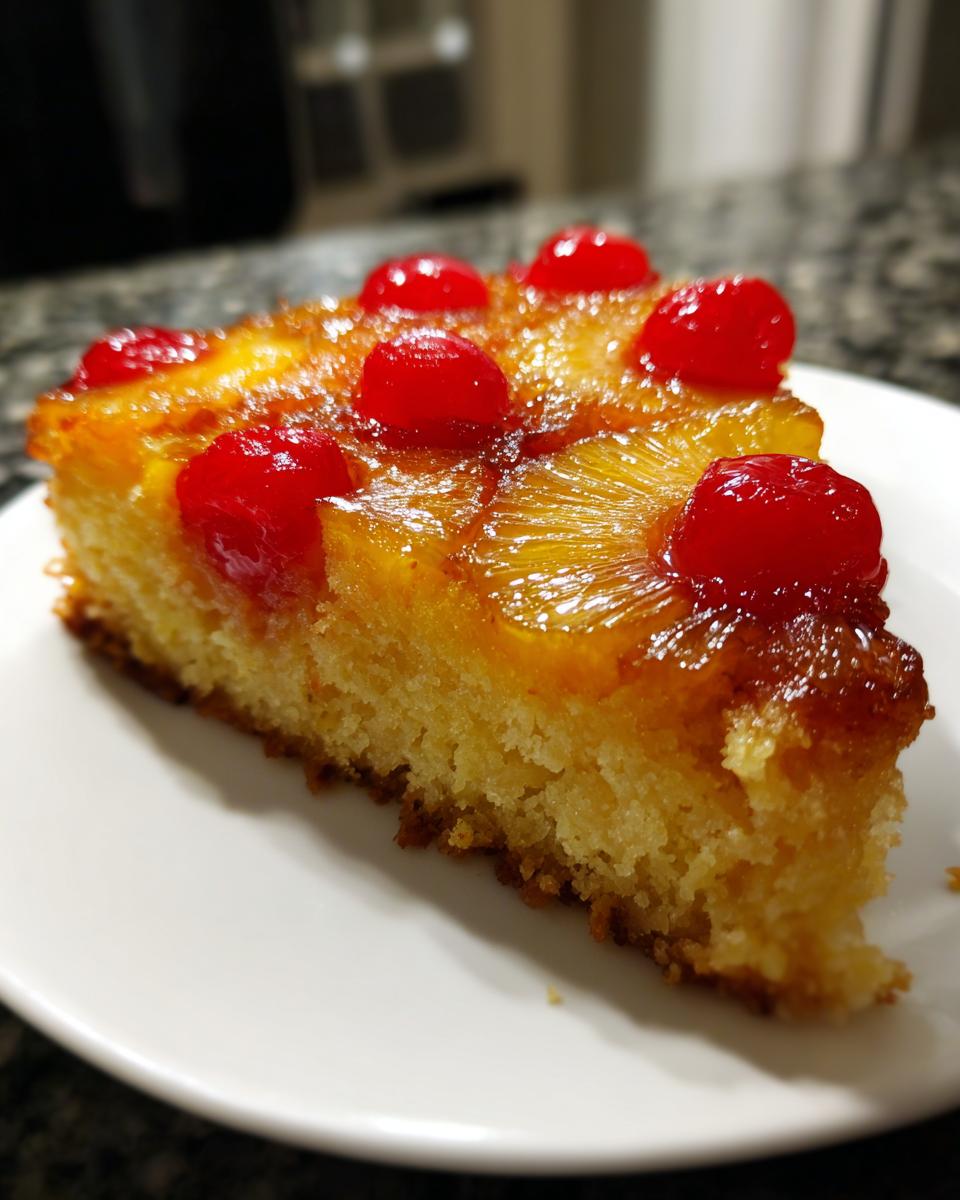 A close-up of a moist slice of pineapple upside down cake topped with caramelized pineapple rings and bright red maraschino cherries.