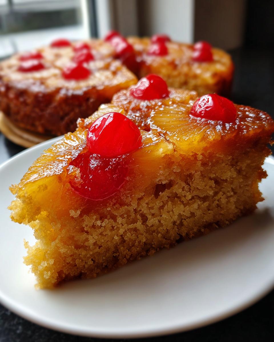 A close-up slice of moist pineapple upside down cake topped with caramelized pineapple and bright red maraschino cherries.