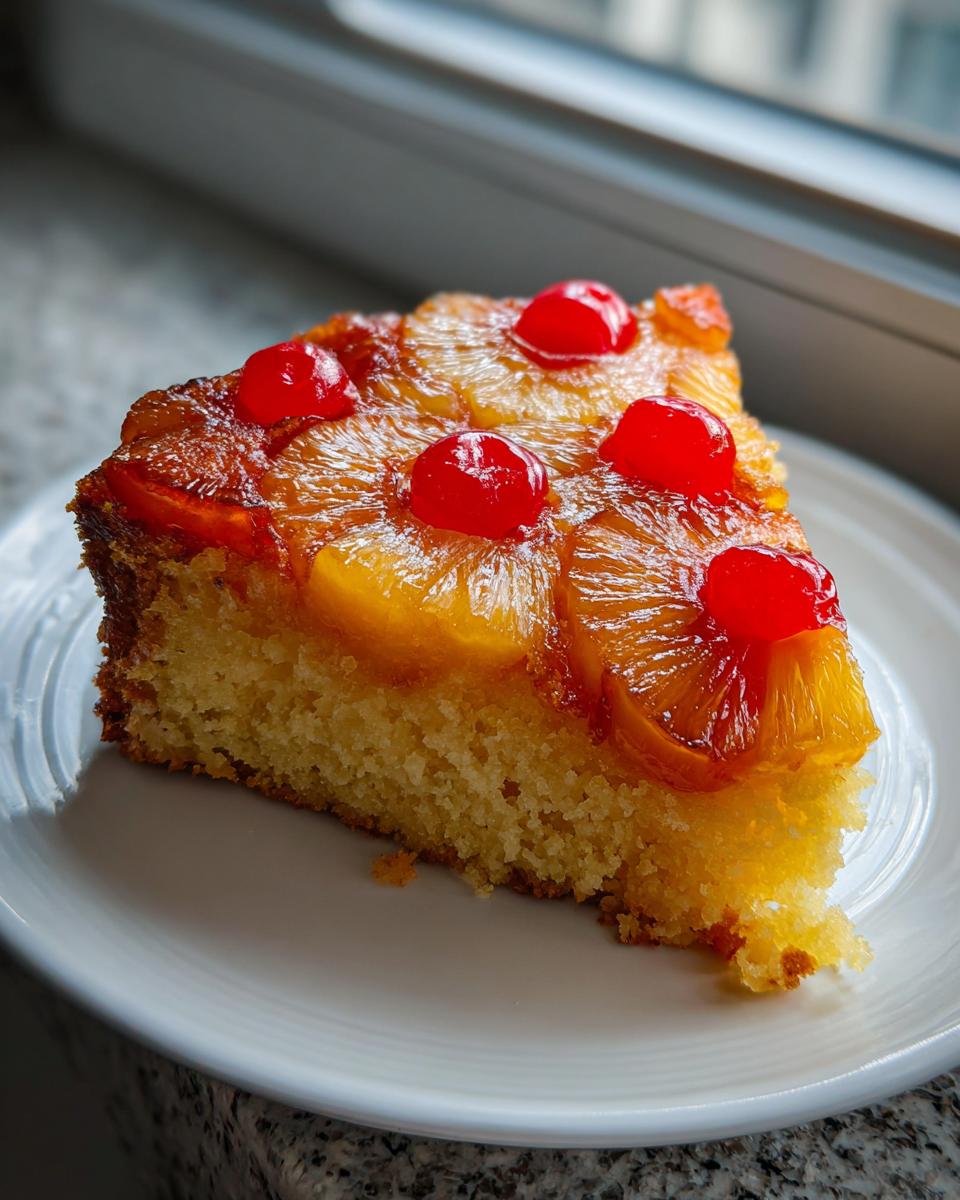 A moist slice of pineapple upside down cake topped with caramelized pineapple rings and bright red maraschino cherries.
