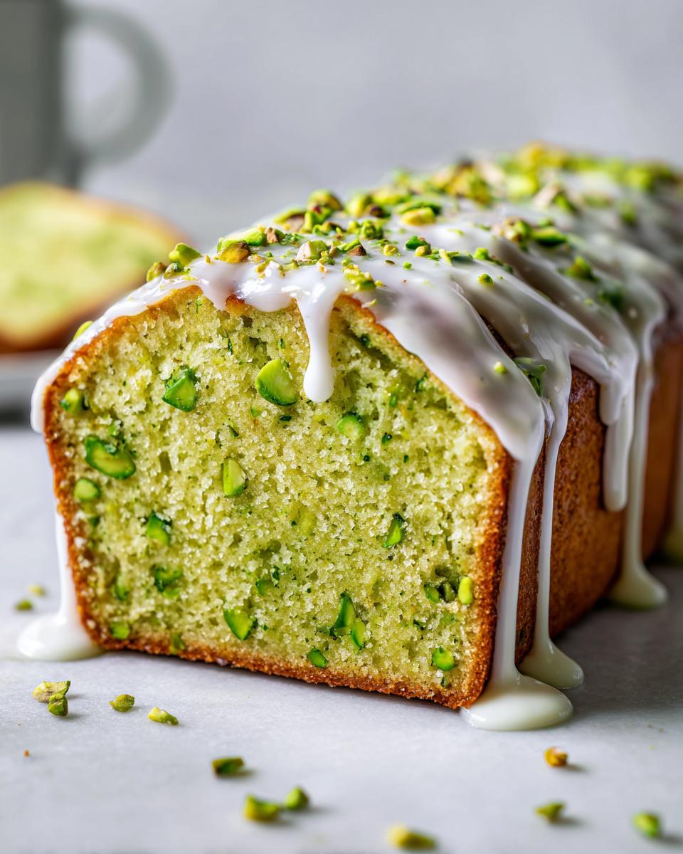 A close-up of a slice of vibrant green pistachio bread topped with thick white glaze and chopped pistachios.